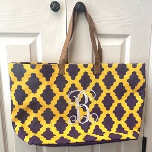 purple + gold monogrammed tote